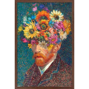Trends International Reinders: Master Twist - Van Gogh Self Portrait Flowers Framed Wall Poster Prints Mahogany Framed Version 14.725" x 22.375" - 1 of 4