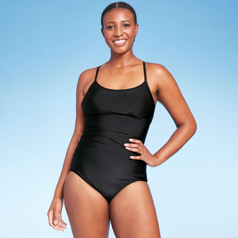 Women's Full Coverage Shirred Front One Piece Swimsuit - Kona Sol™ Black, 4 of 6