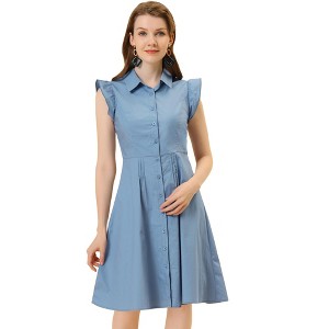 Allegra K Women's Cotton Ruffled Cap Sleeve Tie Waist Button Casual Office Shirt Dress - 1 of 4