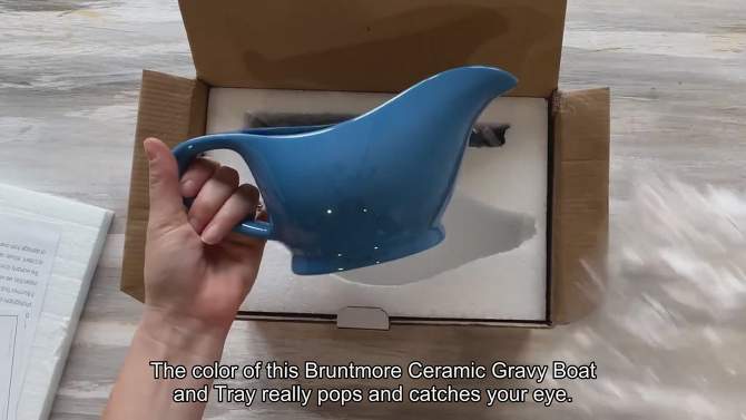 Bruntmor 20 Oz Ceramic Gravy Boat With Tray, Blue, 2 of 7, play video