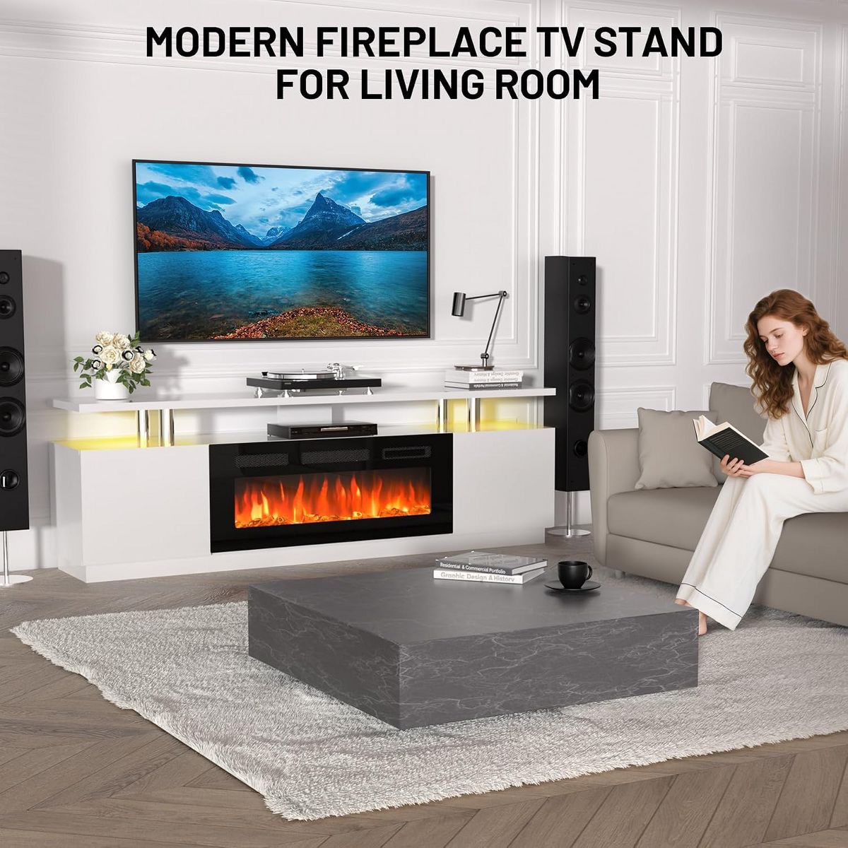 Garvee 80" TV Stand with 36" Elec. Fireplace, 12 Flame, 1500W, for 90" TVs - thumbnail 9