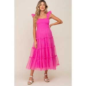 Pinkblush Fuchsia Smocked Mesh Ruffle Accent Maternity Midi Dress - 1 of 4