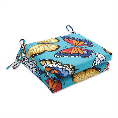 Pillow Perfect Set of 2 16" x 18.5" Butterfly Garden Outdoor/Indoor Squared Corners Seat Cushions Turquoise