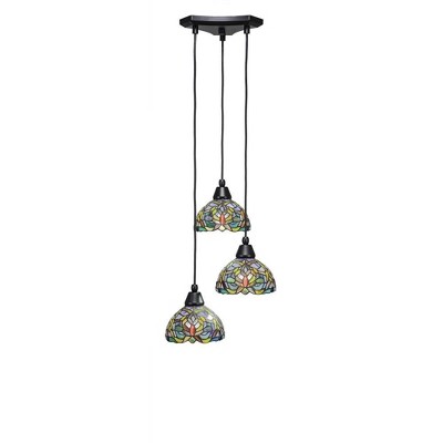Toltec Lighting Europa 3 - Light Pendant in  Matte Black with 7" Kaleidoscope Art Glass Shade