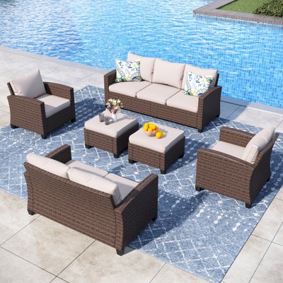 Captiva Designs 6pc Outdoor Patio Wicker Conversation Set with Cushioned Loveseat for Garden Poolside Backyard