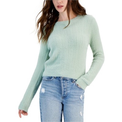 Hippie Rose Womens Shrunken Eyelash Knit Pullover Sweater, Green, Large