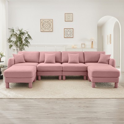 Boucle Fabric U-Shaped 4-Seater Sectional Sofa with Shell-Shaped Armrests, 2 Movable Ottomans, and Cylindrical Wrapped Legs