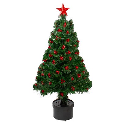 Northlight 3' Prelit Artificial Christmas Tree Color Changing Fiber Optic with Red Berries