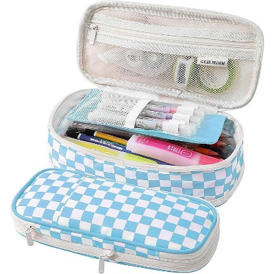 Fmeida Large Pencil Case Pouch With Zipper Checkered Pen Bag for Teen Girls and Boy Black
