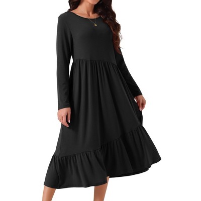 Seta T Women's Fall Long Sleeve Crewneck Pleated Tiered Swing Midi Dress with Pockets