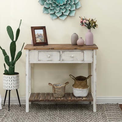 Vintage Distressed White and Natural Wood Console Table with Storage