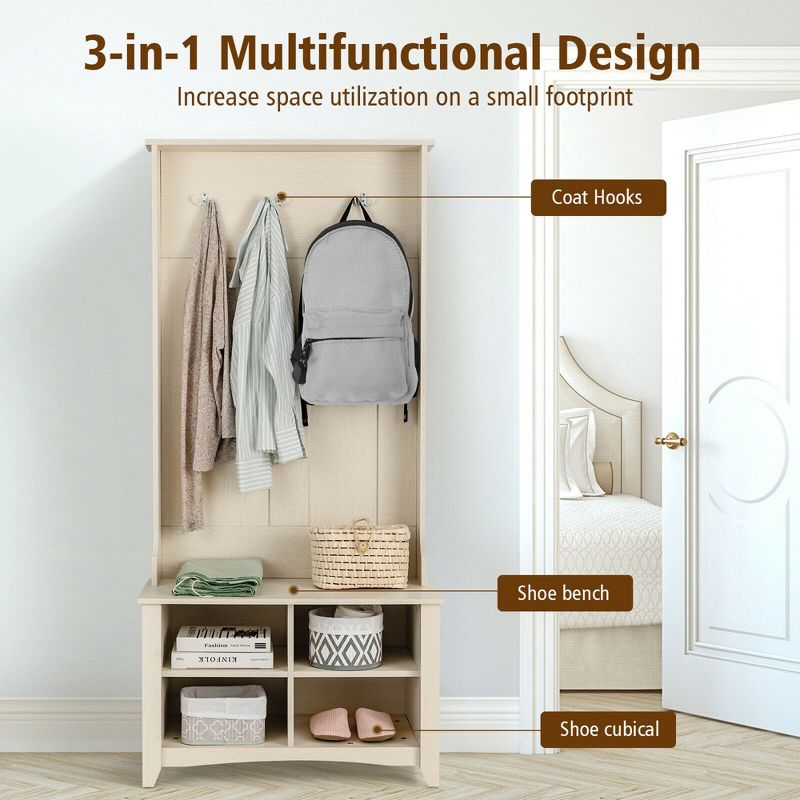 Costway Hall Tree Storage Bench Entry Stand Coat Hat Rack with Shelf & 3 Hooks Organizer, 4 of 10