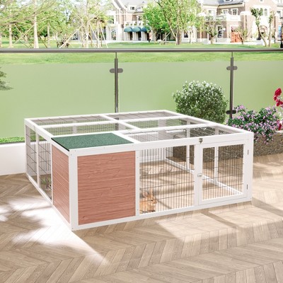 White and Brown Wooden Outdoor Rabbit Hutch with Run