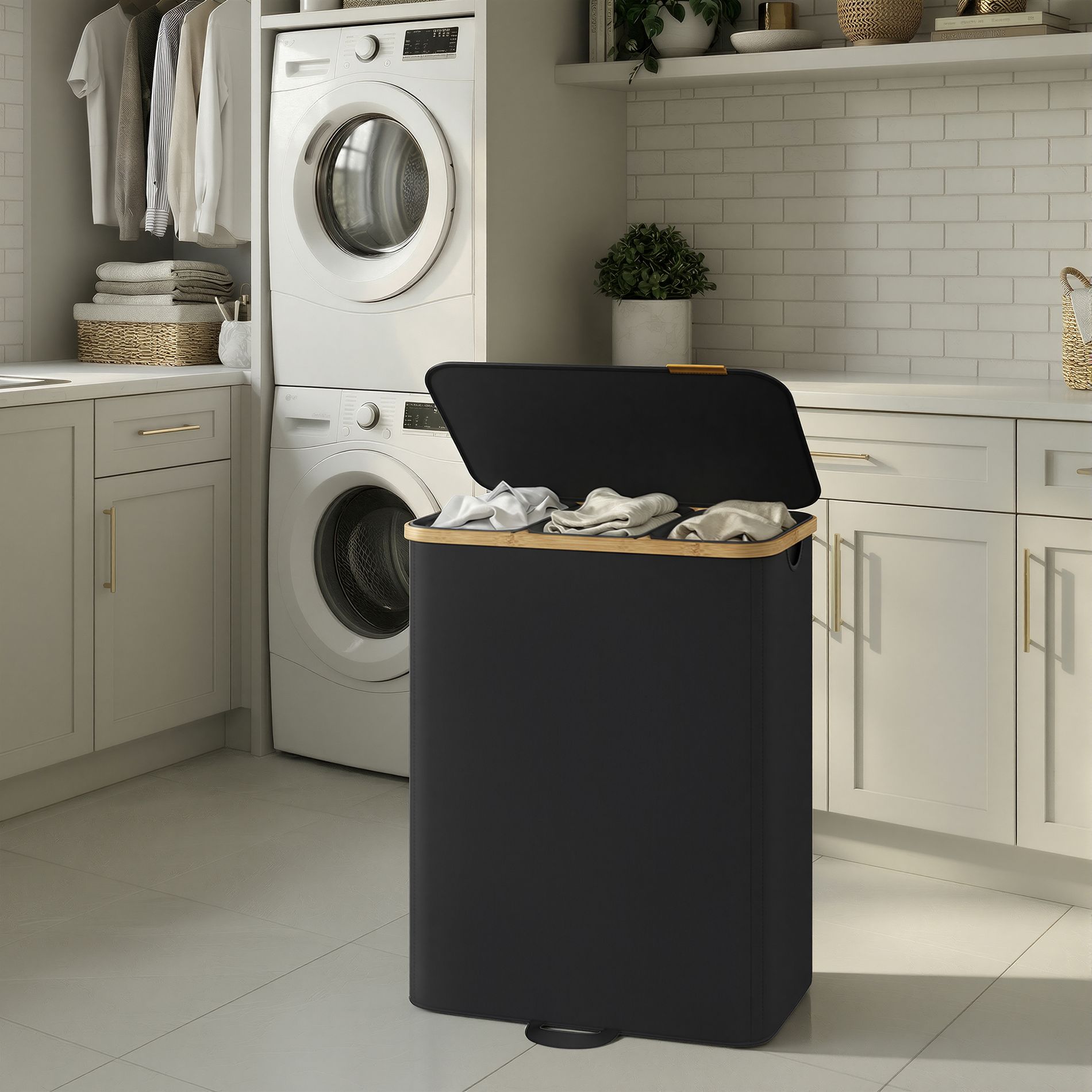 LEDREM Laundry Hamper with Lid and Removable Liner, Large Basket, 170 L, 23.6 x 15 x 29.5 Inches, Black and Yellow