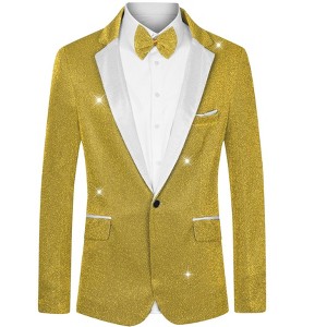Lars Amadeus Men's Shiny Color Block Collared Party Metallic Blazer with Bow Tie - 1 of 4