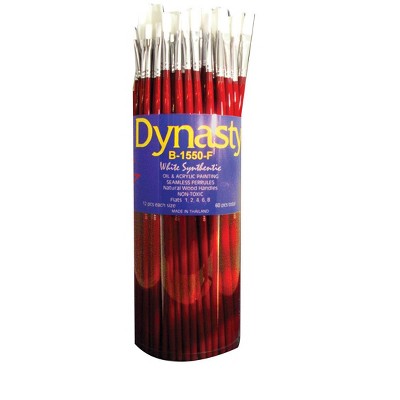 Dynasty B-1550 Flat White Taklon Long Lacquered Handle Paint Brush Set, Assorted Size, Red, set of 60