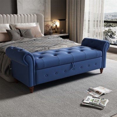Cecily 63" Button-Tufted Large Storage Ottoman Upholstered Fabric Bench features rolled arms, window seating, and solid wood legs-Maison Boucle