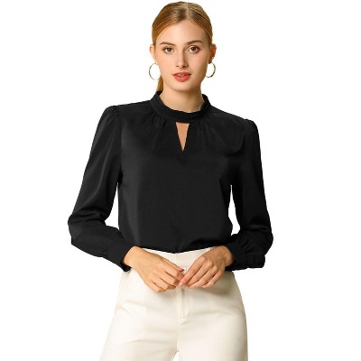 INSPIRE CHIC Women's Office Keyhole Elegant Stand Collar Long Sleeve Back Neck Button Blouse