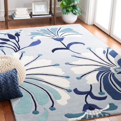 Blue and Ivory Floral Hand-Tufted Wool Area Rug