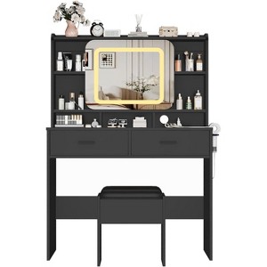 Vanity Desk with Sliding Mirror, Charging Station, 2 Drawers, Cushioned Stool, 3 Adjustable Light Modes, Perfect for Bedroom or Makeup Studio - 1 of 4