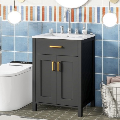 ALEXOUN 24" Black Bathroom Vanity Combo with Ceramic Sink,Bathroom Vanity with Flip Drawer and Cabinet & Golden Handles,for Apartments, Small Spaces