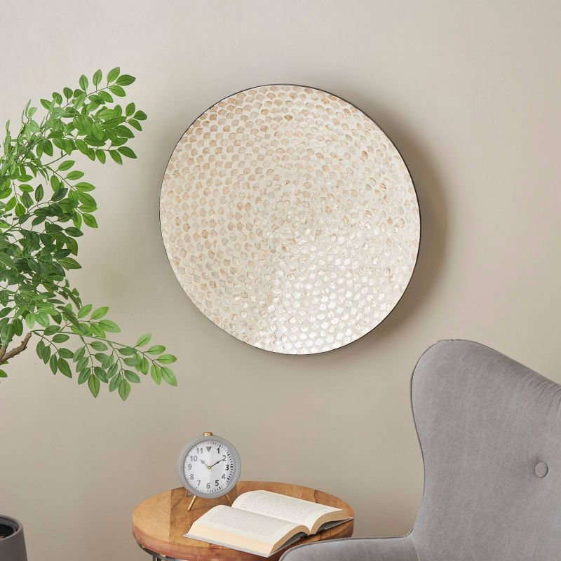 Olivia &#38; May 27&#34;x27&#34; Mother of Pearl Shell Geometric Round Disc Wall Decor with Black Frame Cream, 2 of 6