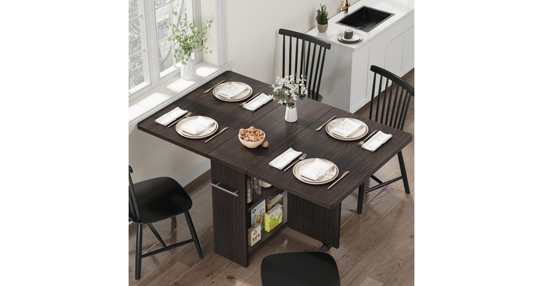 Folding Dining Table, Drop Leaf Dining Table with 6 Wheels and 2-Layer Storage Shelf, Space Saving Dining Table for Small Spaces