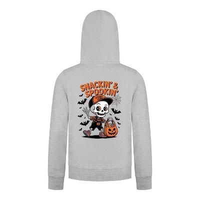 Everyday Kids “Snackin’ & Spookin’” Zip Up Halloween Hoodie – Skeleton Trick-or-Treater with Candy Bag – Cozy Sweatshirt, Heather Gray