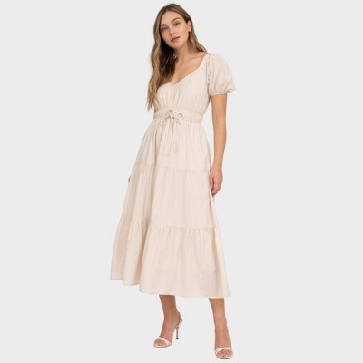 August Sky Women's V-Neck Mock Waist Ties Tiered Midi Dress