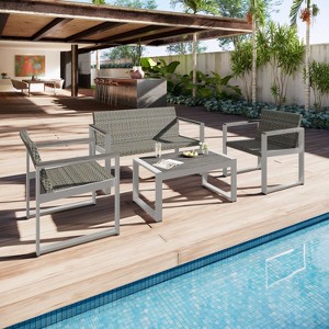 Patti 4-piece Aluminum Frame and Rattan Patio Conversation Set with Wood-like Coffee Table, Outdoor Furniture - Maison Boucle - 1 of 4