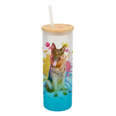100 North 25 Ounce Frosted Glass Gradient Travel Tumbler With Straw & Wooden Lid, German Shepherd Paint Splatter Sky Blue