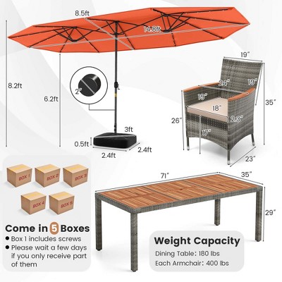 11-Piece Gray Rattan Patio Dining Set with Orange Umbrella
