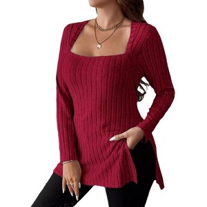 Plus Size Tops for Women Loose Fit Long Sleeve Shirts Square Neck Tops - 1 of 4