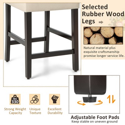 Set of 2 Beige Upholstered Nailhead Bar Stools with Wood Legs
