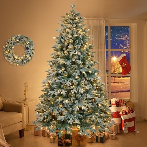 Set of 2 7ft Lighted Artificial Christmas Tree with Wreath - 1 of 4