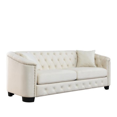 JUJABU 77" 3-Seater Modern Velvet Sofa with Nailhead Trim Arms and 2 Accent Pillows for Living Room, Apartment, Office, Beige