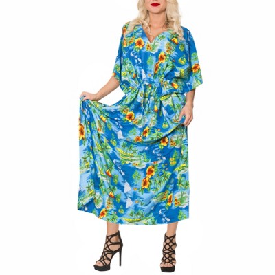LA LEELA Women's House Daily Routine Evening Wear Loungewear Casual Long Kaftan Cover Up Slit Dress Maxi Dresses Caftans for Women 2X-3X Blue, Floral