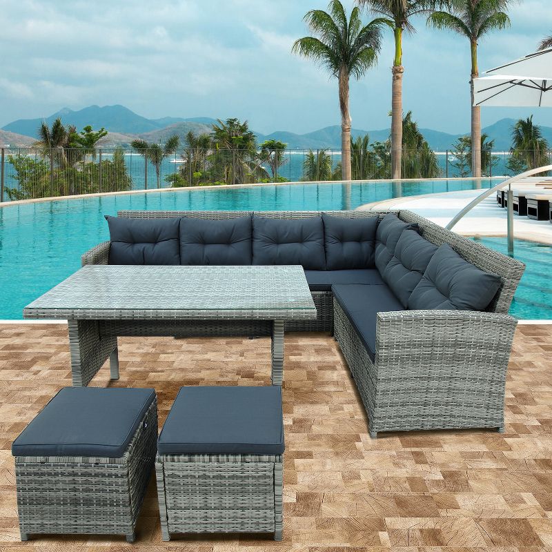 6-Piece Outdoor Patio Sectional Sofa with Glass Table and Ottoman for Pool, Backyard, Lawn - ModernLuxe, 1 of 13