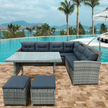 6-Piece Outdoor Patio Sectional Sofa with Glass Table and Ottoman for Pool, Backyard, Lawn - ModernLuxe
