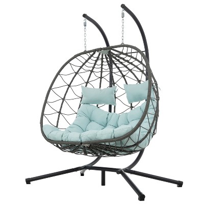 CAVINAS 2-Seat Wicker Swing Egg Chair with Cushion and Stand,Patio Swing Hanging Basket Chair with Stand for Bedroom Porch Garden