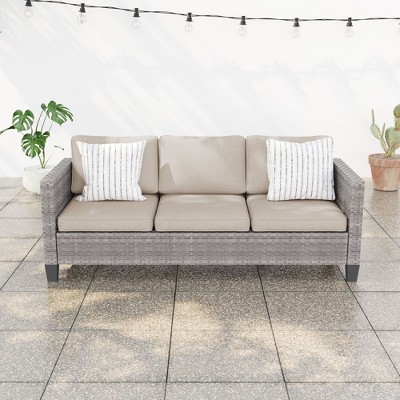 Sonkuki Outdoor Wicker Patio 3-Seat Sofa, PE Rattan Conversation Set With All-Weather Cushions