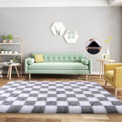 5x7 Feet Checkered Area Rugs For Living Room, Black Modern Super Soft ...