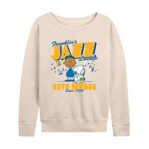 Women's - Peanuts - Franklins Jazz Lounge -Women's French Terry Long Sleeve Shirt Lightweight French Terry Wide Neck Long Sleeve Shirt - 1 of 4