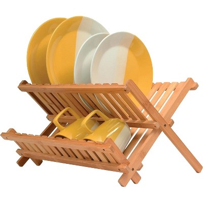 Attop Dish Drying Rack for Kitchen Counter - Collapsible 2-Tier Bamboo Dish Rack Foldable Wooden Dish Drainer