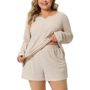 Agnes Orinda Women's Plus Size Waffle Solid Color Long Sleeve Comfortable 2 Pieces Pajama Sets - 1 of 4
