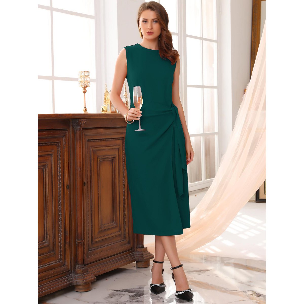Женские платья INSPIRE CHIC Women's Business Cocktail Front Tie Wrap Formal Elegant Sleeveless Sheath Dresses X-Large Dark Green — фото 3