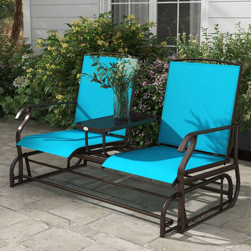 Outsunny 2-Person Outdoor Glider Bench w/ Center Table, Steel Frame for Backyard Garden Porch, Blue, 3 of 7