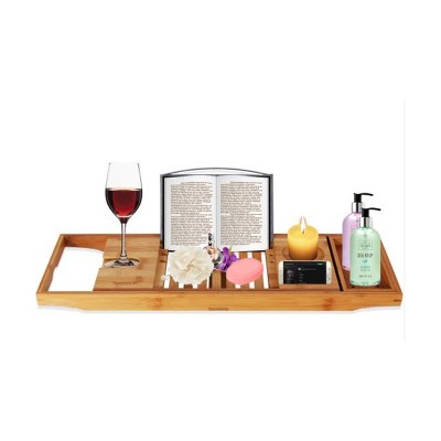 SereneLife Luxury Bamboo Bathtub Shower Caddy Tray Organizer with Adjustable Arms, Wine Holder, Cup Placement, Soap Dish, Book Space, and Phone Slot