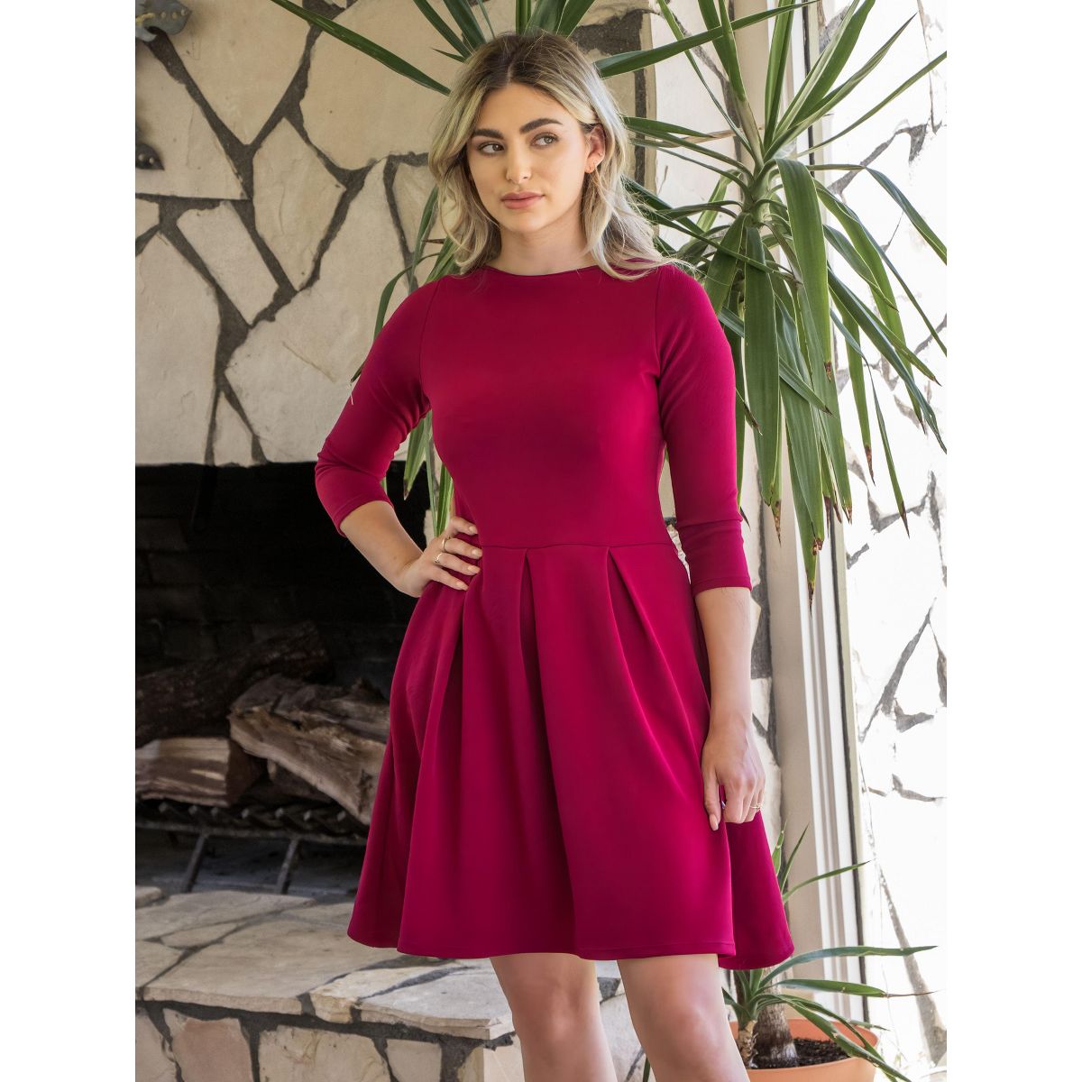 Womens Boat Neck Three Quarter Sleeve Pleated Fit N Flare Pocket Dress - 24seven Comfort Apparel™ - thumbnail 5