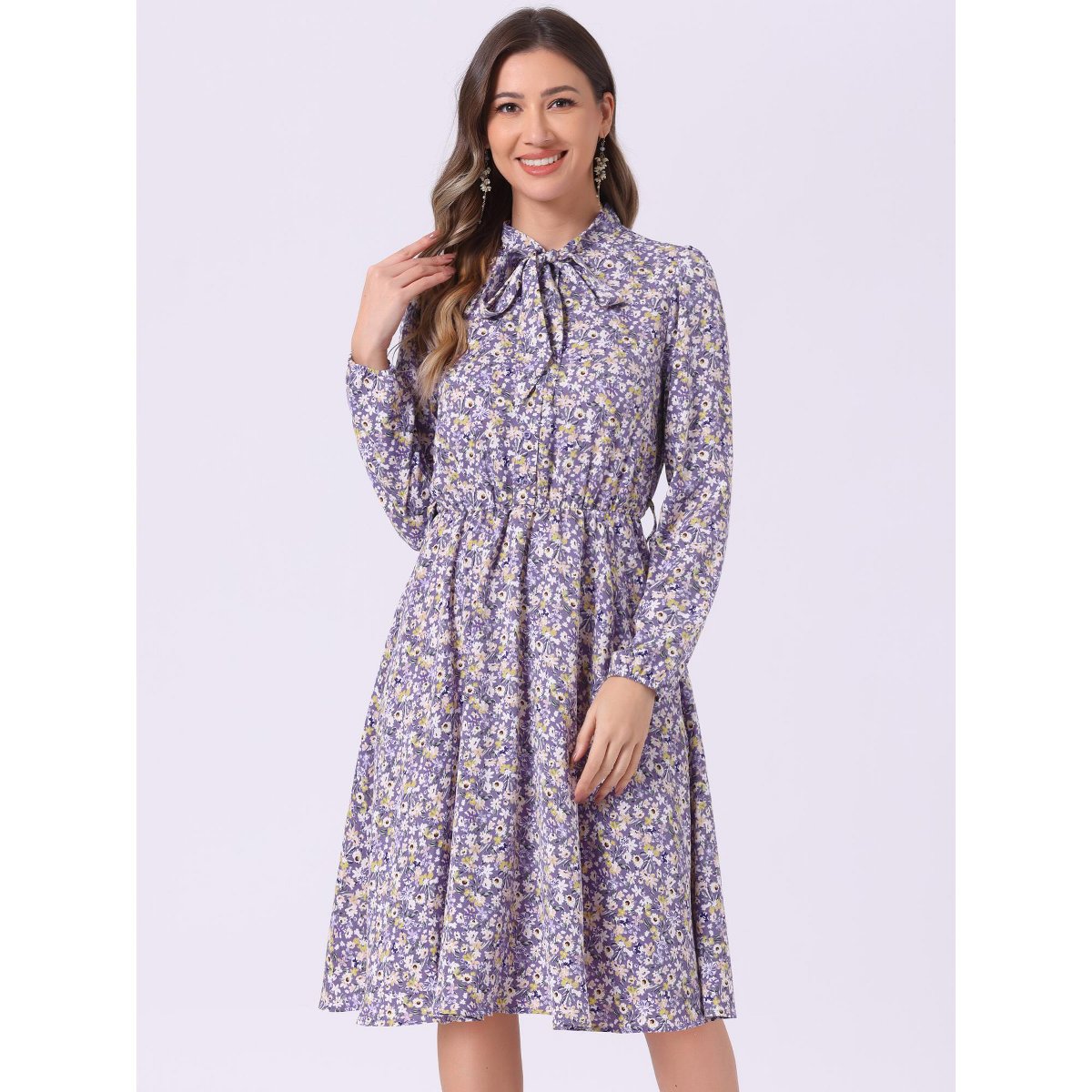 Женские платья INSPIRE CHIC Women's Tie Neck Chiffon Long Sleeves Vintage Belted Floral Dress Large Purples — фото 3